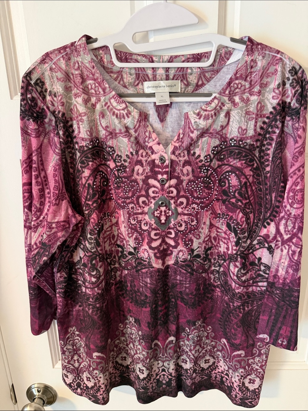Christopher & Banks Boho Embellished Medallion Henley Tunic Top Purple XL